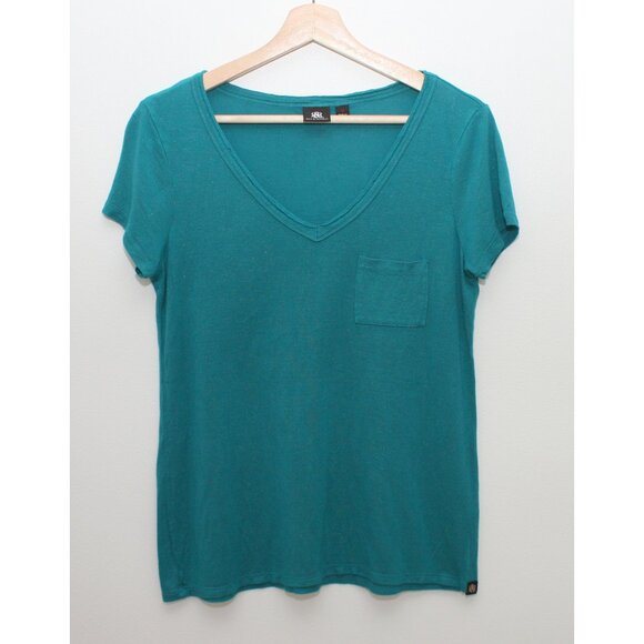 Rock & Republic Distressed V Neck Blouse Medium Green Short Sleeve Shimmer Bits - Picture 1 of 5